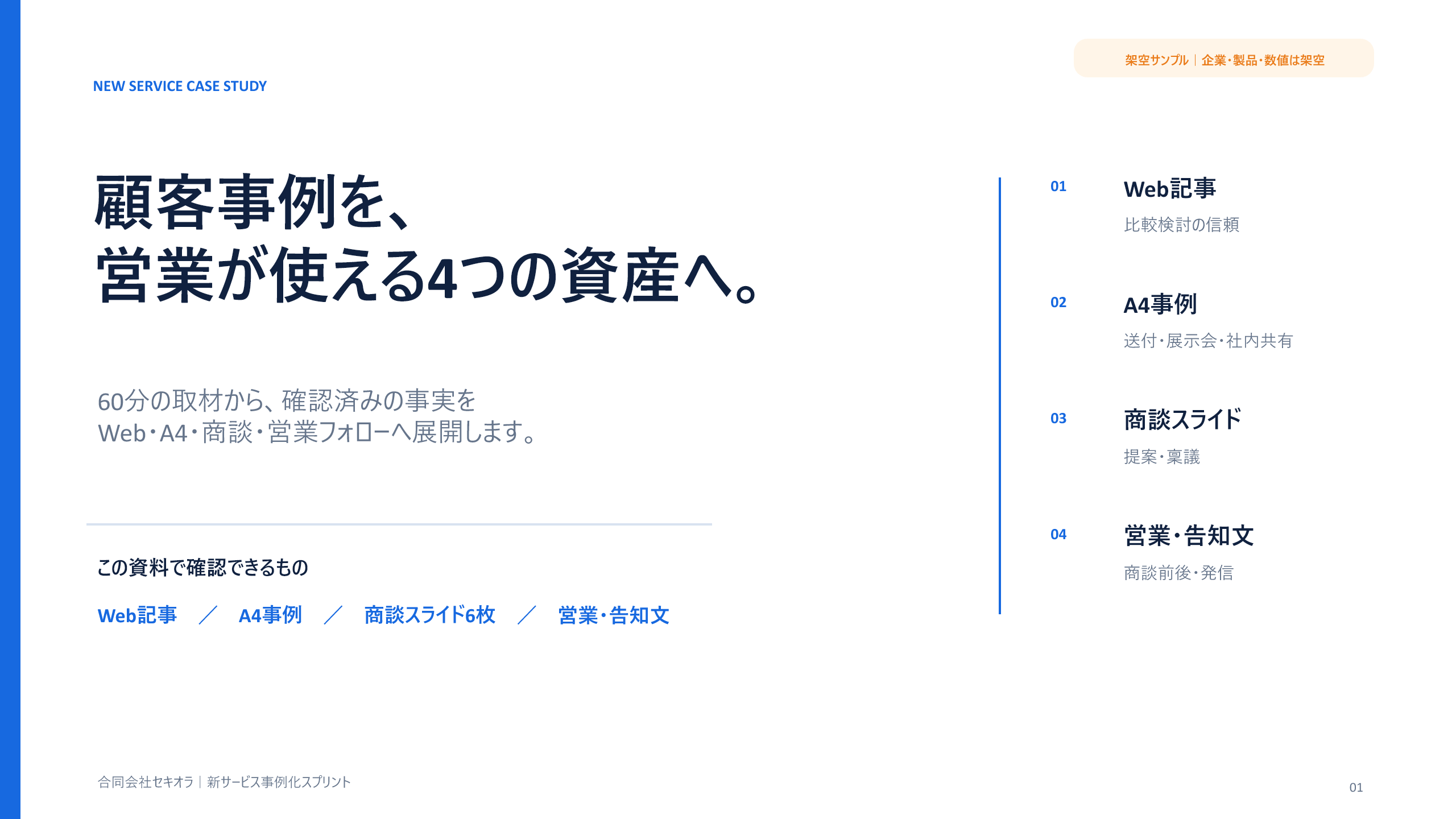 60分の取材からWeb記事、A4事例、商談スライド、営業・告知文へ展開する架空サンプルの表紙